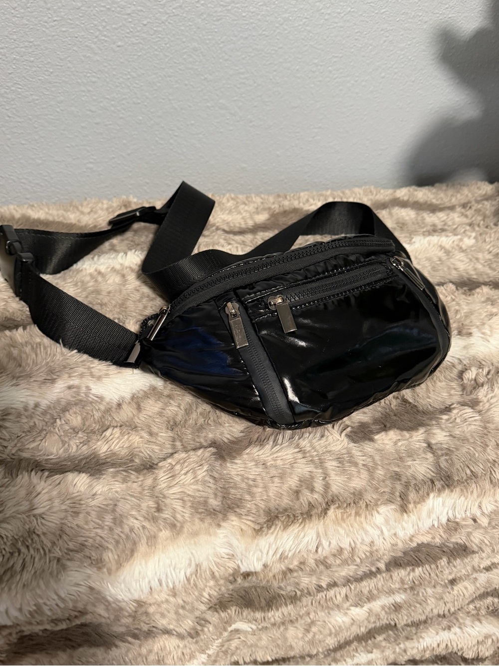 Glossy Black Crossbody Waist Bag with Front Zip Pockets